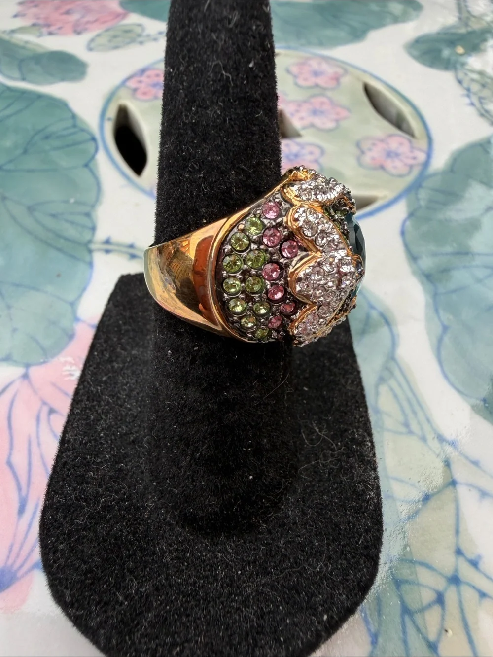 Exotic Blue-Green Crystal Cocktail Ring - Ornate Floral Design *Size 5 & 7